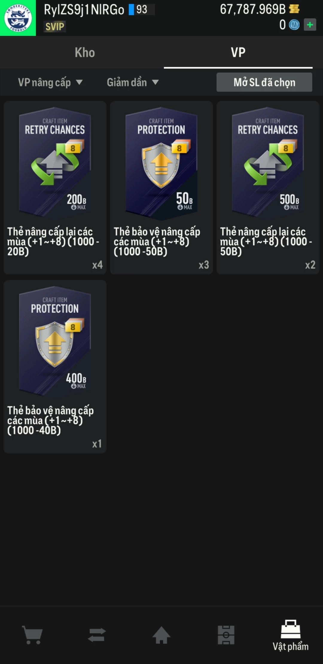 Ảnh ACC mở thẻ (LOẠI SVIP PROMAX) bao gồm 1 gói thẻ +12, thẻ PRIME và 1000+ thẻ cầu thủ từ Siêu sao đến Miền núi các loại. Có sẵn BP trắng trong acc từ 57.000 tỷ BP đến 67.000 tỷ BP, kèm theo nhiều ngày SVIP